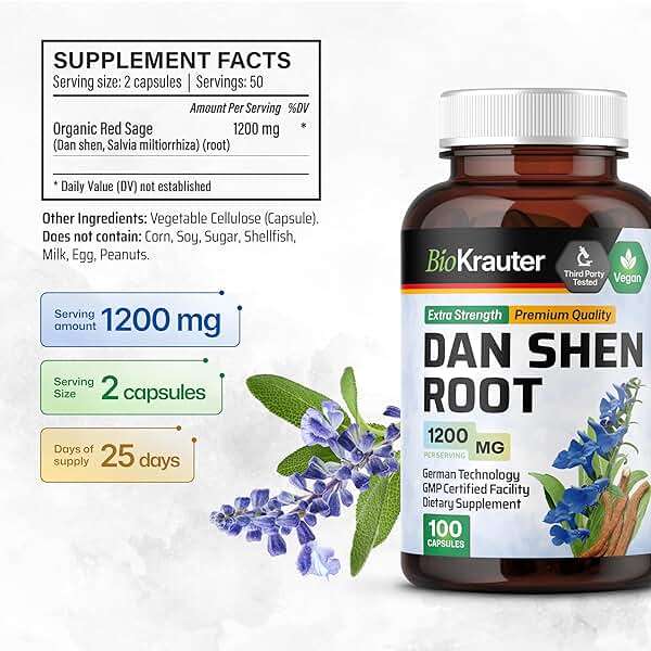 BIO KRAUTER® Dan Shen Red Sage for Circulatory Support - Pure Vegan Dan Shen Supplement (Salvia Miltiorrhiza) 1200 mg per Serving - Antioxidant Herbal Supplement 100 Сapsules, 25-Day Supply, Non-GMO - Image 3