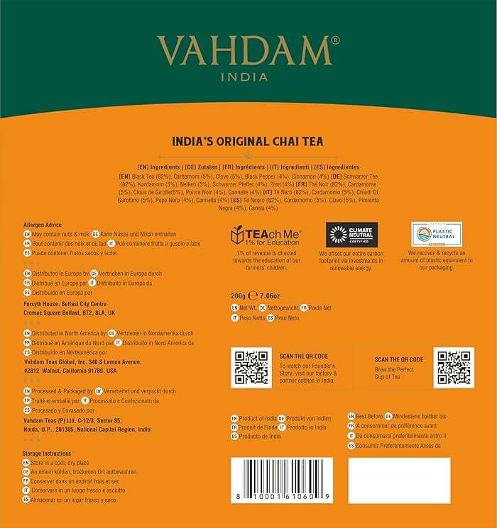 VAHDAM, India's Original Masala Chai Tea Bags (100 Count) No Added Flavoring | Blended w/Exotic Spices | Whole Leaf Tea Bags | Resealable Ziplock Pouch - Image 9