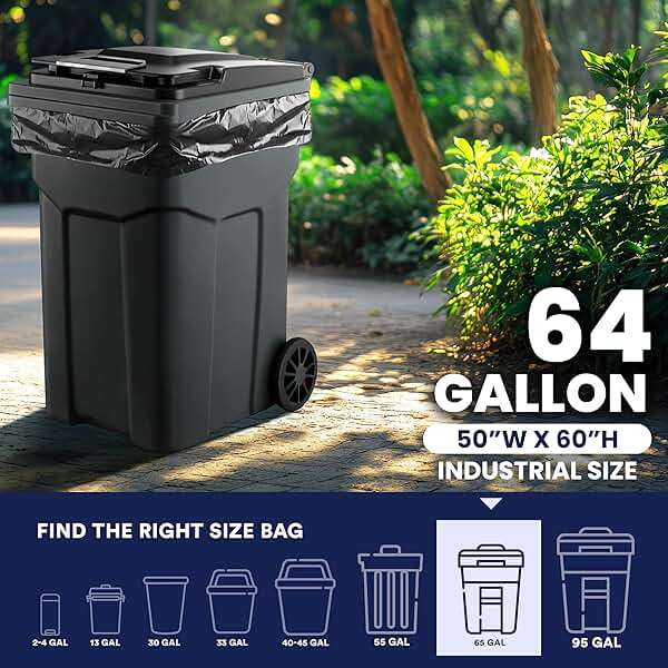 Plasticplace 64-65 Gallon Black Trash Bags, Heavy Duty Toter Can Liners, Tear & Leak-Proof, Industrial Strength, 25 Count, Large Garbage Bags for Kitchen & Commercial Use 1.2 Mil, 50" x 60" - Image 5