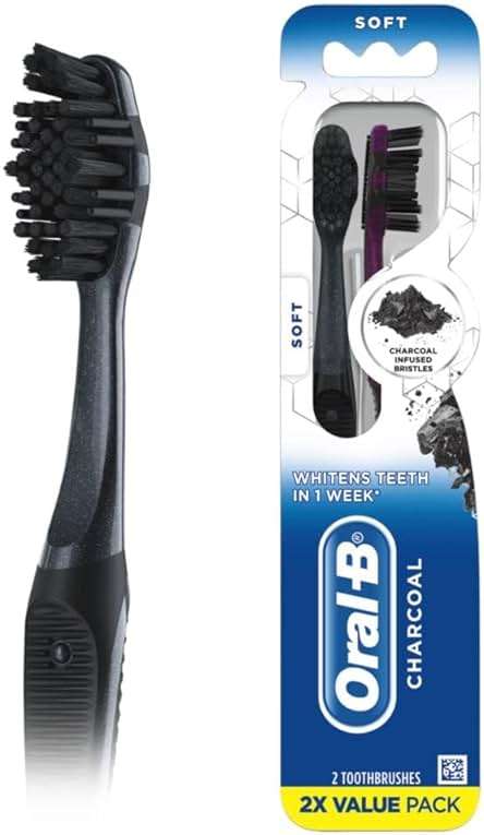 Oral-B 3D White Charcoal toothbrush, 2 count SOFT manual tootbrush pack, Whitens teeth, removes plaque and stains, tongue scraper tooth brush - Image 1