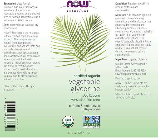 NOW Foods Solutions, Organic Vegetable Glycerin Oil, 100% Pure, Softening and Moisturizing Multi-Purpose Skin Care, 8-Ounce - Image 2