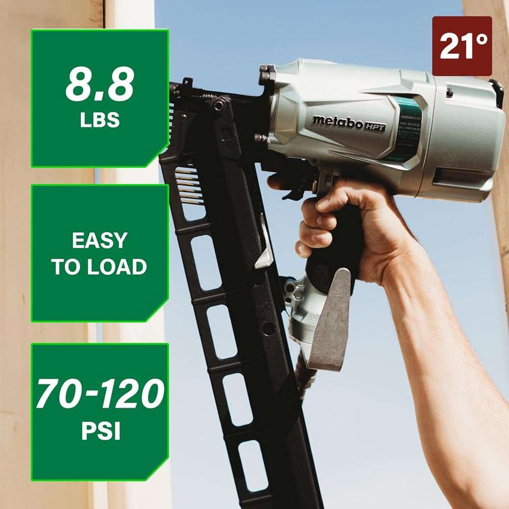 Metabo HPT Framing Nailer, Pro-Preferred Pneumatic Power Nailer & Framing Tool For Flooring, Roof Decking & More, Rapid Response Cylinder Valve, 21° 2" to 3-1/4" Plastic Collated Nails, NR83A5(S) - Image 3