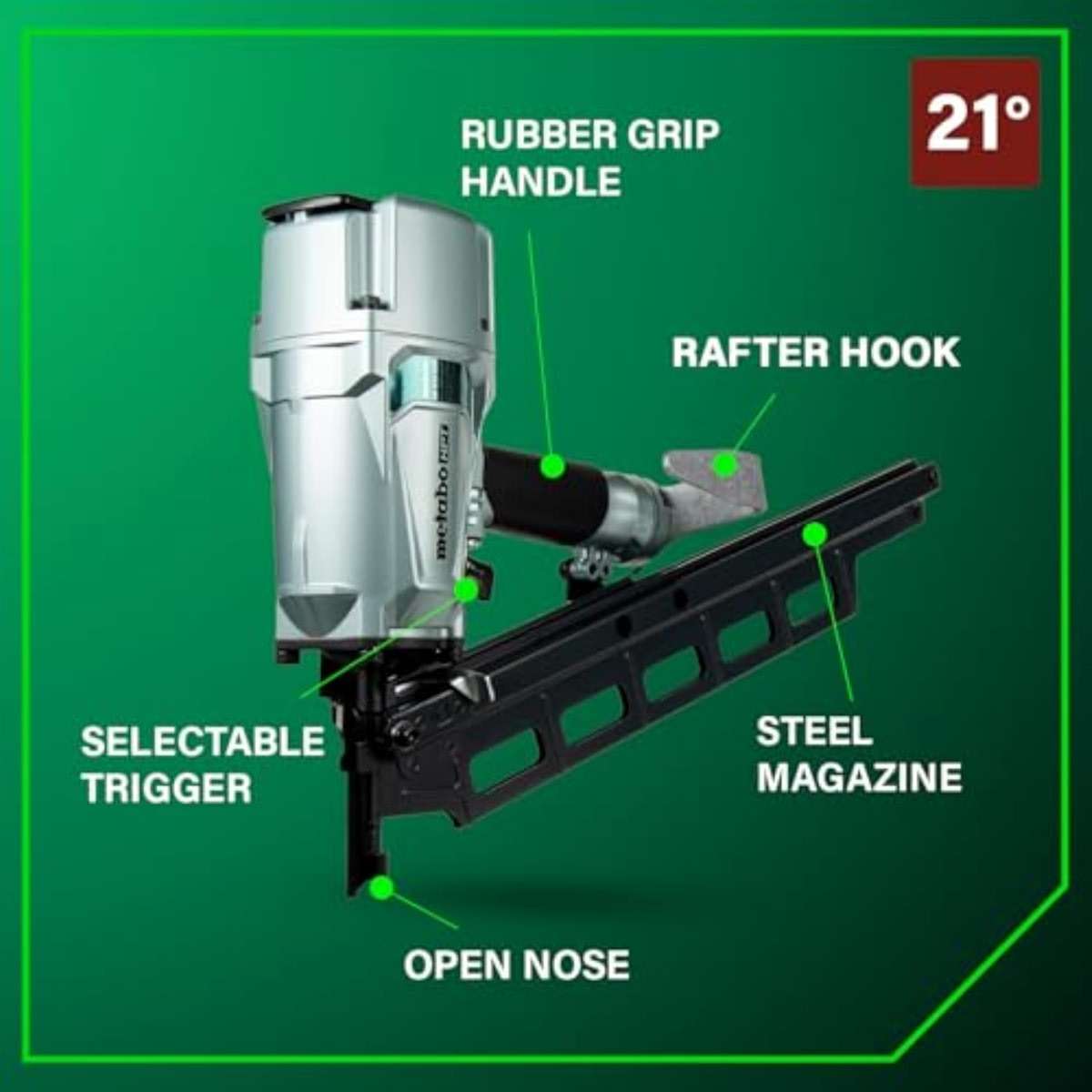 Metabo HPT Framing Nailer, Pro-Preferred Pneumatic Power Nailer & Framing Tool For Flooring, Roof Decking & More, Rapid Response Cylinder Valve, 21° 2" to 3-1/4" Plastic Collated Nails, NR83A5(S) - Image 5