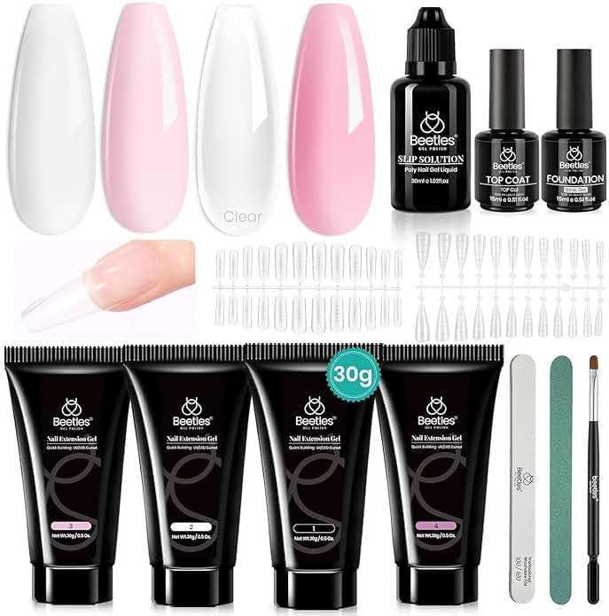 Beetles Poly Nail Extension Gel Kit, 4 Colors Clear Pink White Poly Nail Gel Builder Set, Nail Extension Starter Kit with Slip Solution, Beginner Nail Art DIY & Salon Use, UV/LED Cured - Image 1