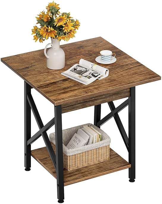 GreenForest Square End Table for Living Room, 24 Inch Large Side Table with X-Frame, Farmhouse Tall Bedside Nightstand with 2-Tier Storage Shelf, Rustic Walnut - Image 1