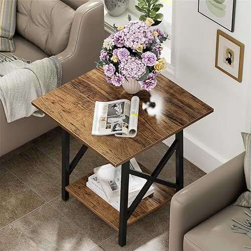 GreenForest Square End Table for Living Room, 24 Inch Large Side Table with X-Frame, Farmhouse Tall Bedside Nightstand with 2-Tier Storage Shelf, Rustic Walnut - Image 2