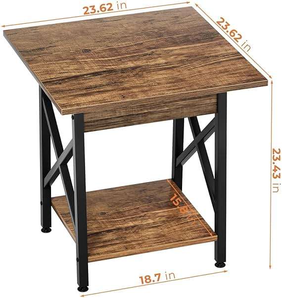 GreenForest Square End Table for Living Room, 24 Inch Large Side Table with X-Frame, Farmhouse Tall Bedside Nightstand with 2-Tier Storage Shelf, Rustic Walnut - Image 3