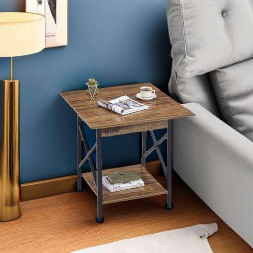 GreenForest Square End Table for Living Room, 24 Inch Large Side Table with X-Frame, Farmhouse Tall Bedside Nightstand with 2-Tier Storage Shelf, Rustic Walnut - Image 5
