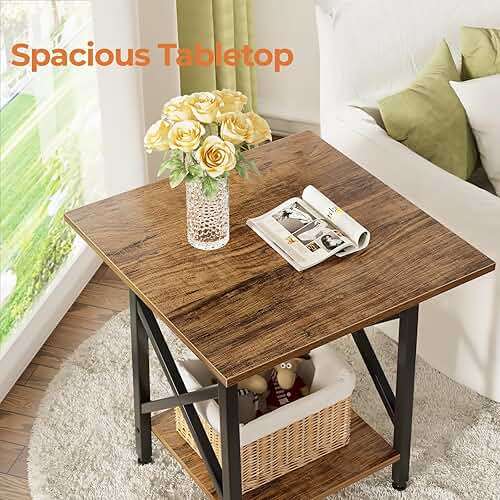GreenForest Square End Table for Living Room, 24 Inch Large Side Table with X-Frame, Farmhouse Tall Bedside Nightstand with 2-Tier Storage Shelf, Rustic Walnut - Image 7