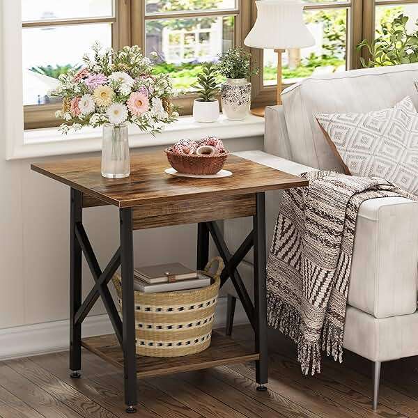 GreenForest Square End Table for Living Room, 24 Inch Large Side Table with X-Frame, Farmhouse Tall Bedside Nightstand with 2-Tier Storage Shelf, Rustic Walnut - Image 9