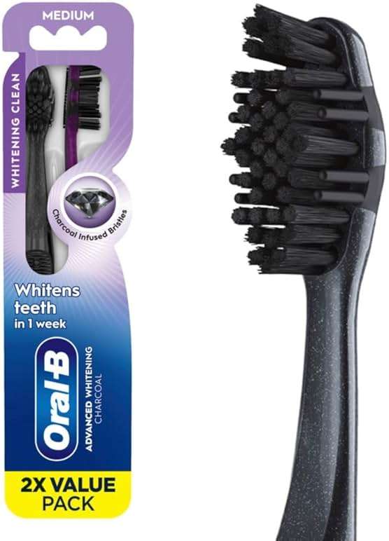 Oral-B 3D White Charcoal Manual Toothbrush, 2-Pack, Medium Bristles, Teeth Whitening Brushes for Adults - Image 1