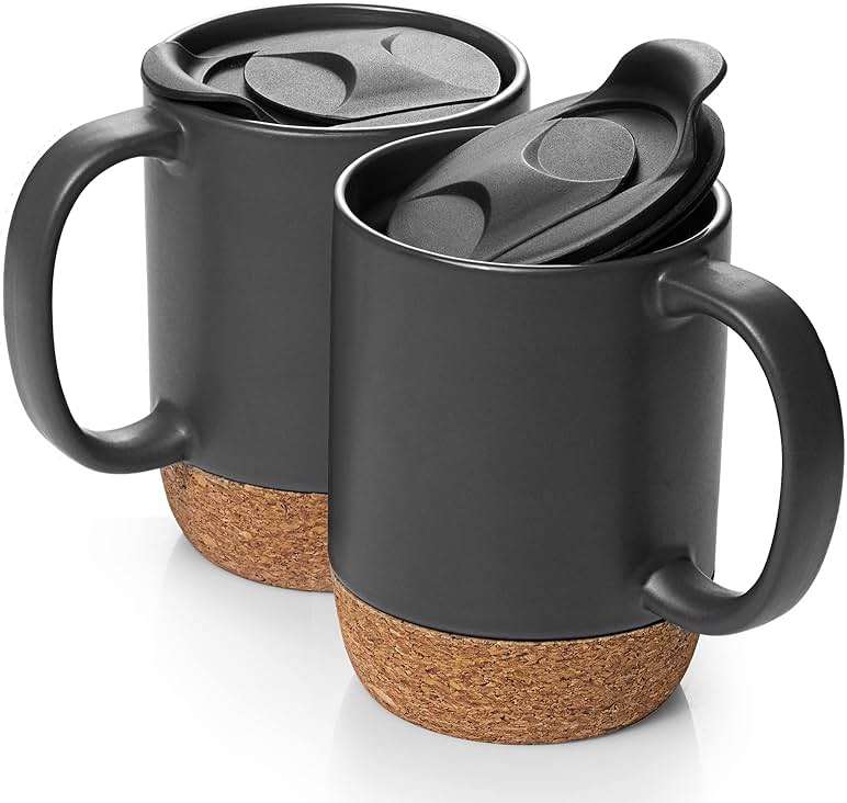 DOWAN Coffee Mugs, 15 oz Mug Set of 2, Large Ceramic Coffee Mug with Cork Bottom and Spill Proof Lid for Mom Dad, Big Mug for Latte Tea, Matte Grey - Image 1