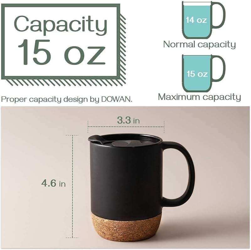 DOWAN Coffee Mugs, 15 oz Mug Set of 2, Large Ceramic Coffee Mug with Cork Bottom and Spill Proof Lid for Mom Dad, Big Mug for Latte Tea, Matte Grey - Image 3