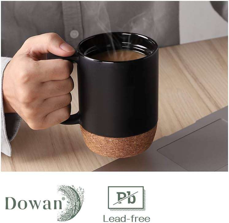 DOWAN Coffee Mugs, 15 oz Mug Set of 2, Large Ceramic Coffee Mug with Cork Bottom and Spill Proof Lid for Mom Dad, Big Mug for Latte Tea, Matte Grey - Image 5