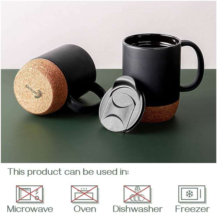 DOWAN Coffee Mugs, 15 oz Mug Set of 2, Large Ceramic Coffee Mug with Cork Bottom and Spill Proof Lid for Mom Dad, Big Mug for Latte Tea, Matte Grey - Image 6