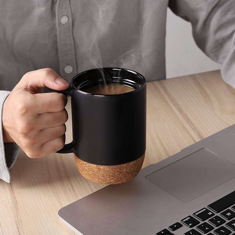 DOWAN Coffee Mugs, 15 oz Mug Set of 2, Large Ceramic Coffee Mug with Cork Bottom and Spill Proof Lid for Mom Dad, Big Mug for Latte Tea, Matte Grey - Image 8