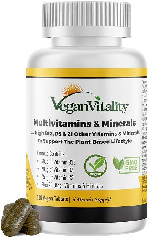 Vegan Vitality Multivitamins & Minerals for Women and Men with High Strength Vitamin B12, D3 & K2. 180 Vegan Multivitamin Tablets - 6 Months Supply. Vitamins for Vegans. Women Multivitamin - Image 1