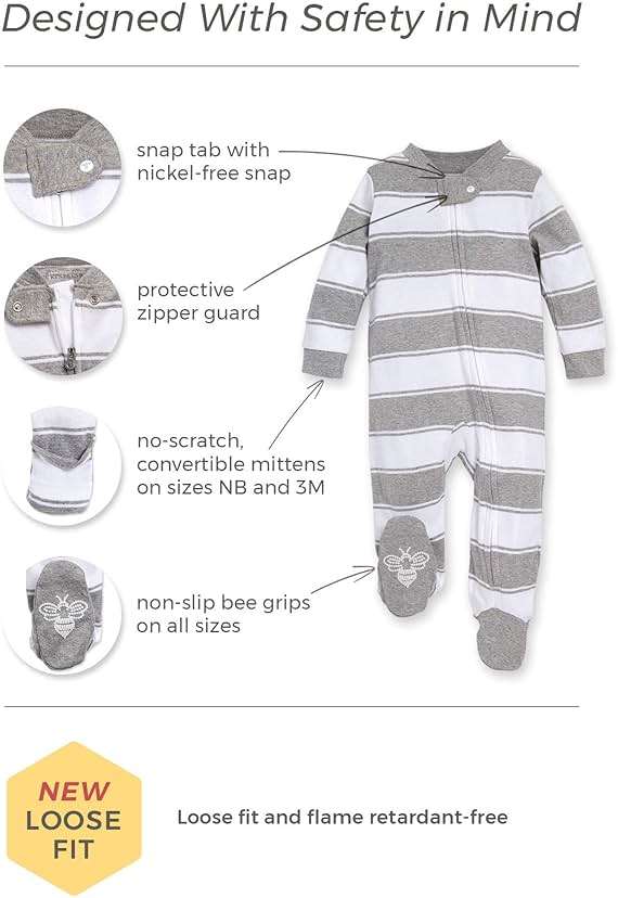 Burt's Bees Baby Organic Cotton Sleep and Play Footed Pajamas for Girls, Zipper PJ Newborn Sleeper with Non-Slip Bee Grips - Image 2