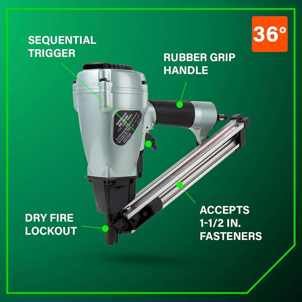 Metabo HPT Strap-Tite Fastening System Strip Nailer, Pro-preferred Pneumatic Power Nailers, Metal Connector Tool for Fastening Metal Connectors to Wood, 36° Magazine, 1-1/2″ Connector Nails, NR38AK - Image 4