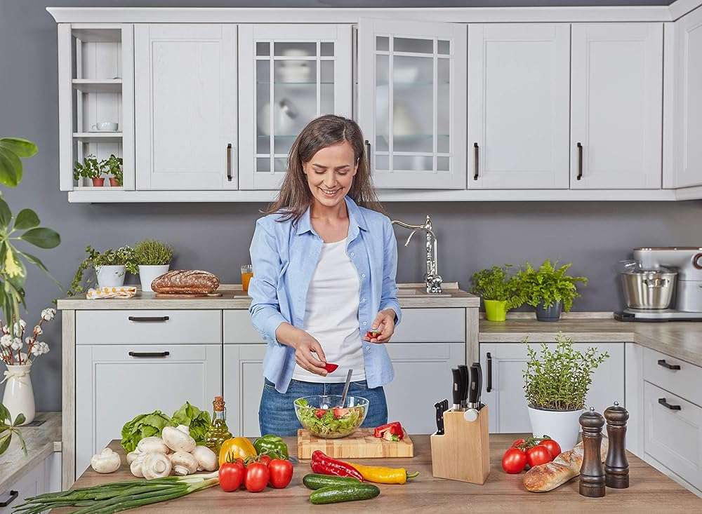 Bamboo Universal Knife Block - Knife Holder with 2 Built-In Knife Sharpeners - 2-Tiered Modern Knife Storage Up to 16 Large and Small Knives Easy Clean Wooden Knife Organizer by Kitchen Seven - Image 9