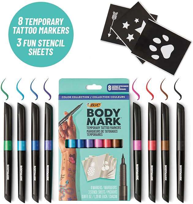 BodyMark Temporary Tattoo Markers, 8-Count Color Collection, Skin-Safe & Cosmetic Quality, Cruelty-Free, Long-Lasting, Flexible Brush Tip, Stencils Included - Image 4