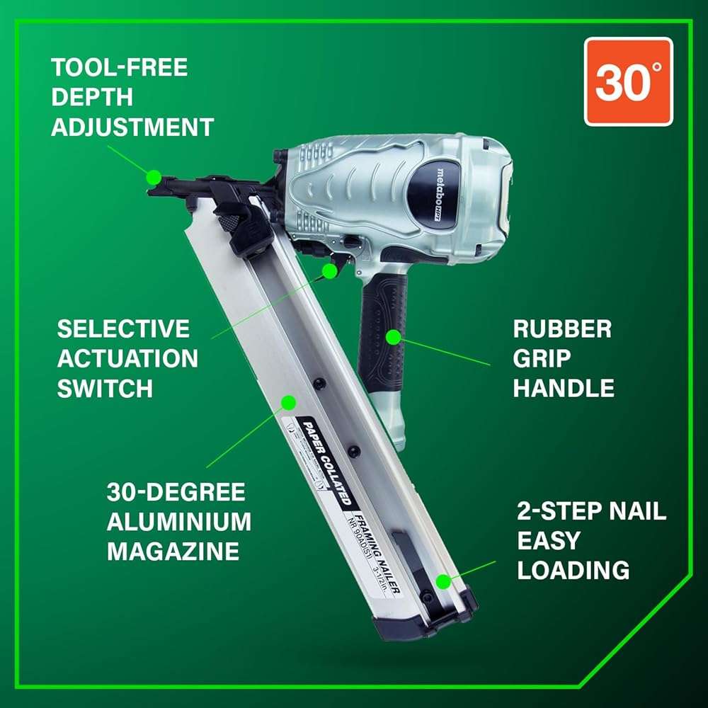 Metabo HPT Framing Nailer, Pro-Preferred Framing Tool for Flooring, Truss Build-Up, Roof Decking, and Housing Construction, Quick Switch Nailing, 3-1/2" 30° Paper Collated Nails, NR90ADS1 - Image 4