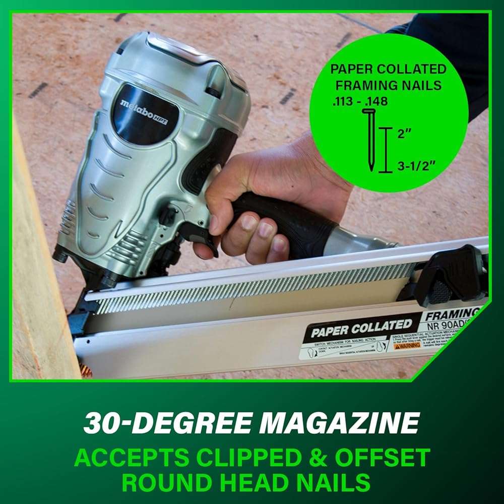 Metabo HPT Framing Nailer, Pro-Preferred Framing Tool for Flooring, Truss Build-Up, Roof Decking, and Housing Construction, Quick Switch Nailing, 3-1/2" 30° Paper Collated Nails, NR90ADS1 - Image 8
