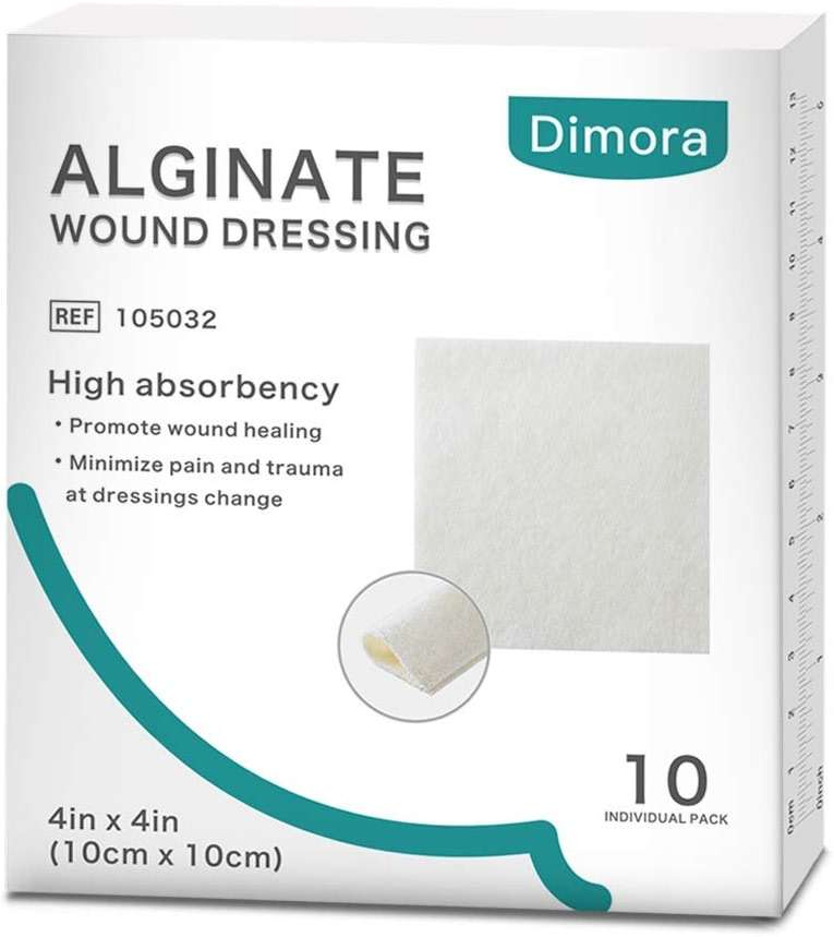 Dimora Calcium Alginate Wound Dressing, 4'' x 4'' Patches,10 Individual Sterile Pads, Soft and Highly Absorbent Dressing Gauze, Non-Stick Padding - Image 1