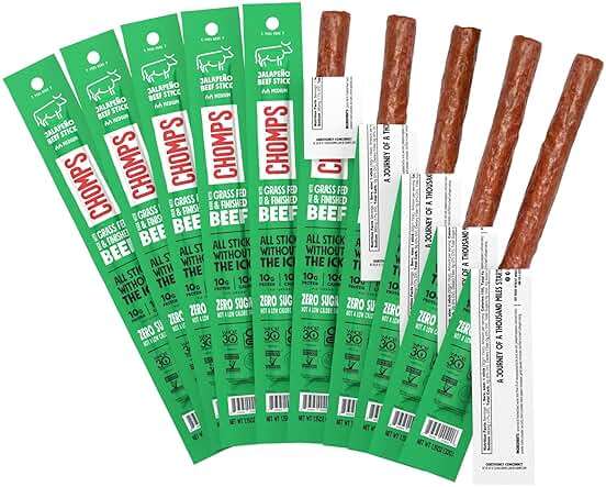 Chomps Grass-Fed and Finished Jalapeño Beef Jerky Snack Sticks 10-Pack - Keto, Paleo, Whole30, 10g Lean Meat Protein, Gluten-Free, Zero Sugar Food, Non-GMO - Image 1