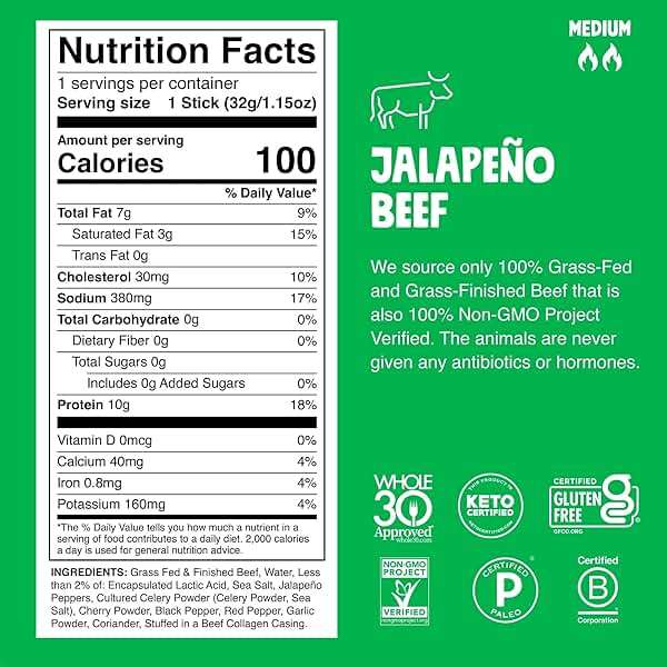 Chomps Grass-Fed and Finished Jalapeño Beef Jerky Snack Sticks 10-Pack - Keto, Paleo, Whole30, 10g Lean Meat Protein, Gluten-Free, Zero Sugar Food, Non-GMO - Image 2