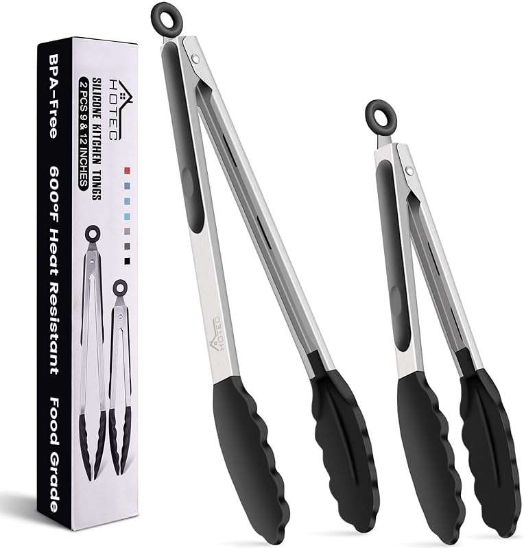 HOTEC Premium Stainless Steel Locking Kitchen Tongs with Silicon Tips, Set of 2-9" and 12" - Image 1