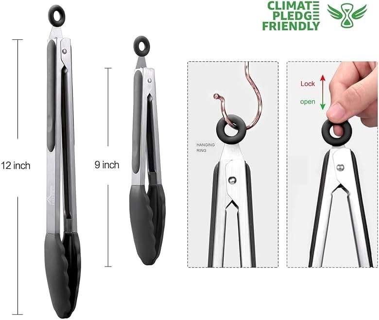 HOTEC Premium Stainless Steel Locking Kitchen Tongs with Silicon Tips, Set of 2-9" and 12" - Image 2