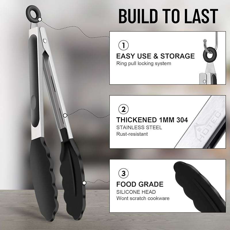 HOTEC Premium Stainless Steel Locking Kitchen Tongs with Silicon Tips, Set of 2-9" and 12" - Image 6