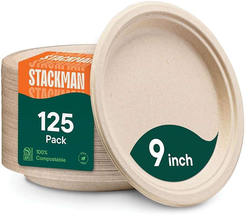100% Compostable Paper Plates, Heavy Duty Disposable Plates [125-Pack] 9 Inch Plates - Eco-Friendly, Biodegradable Sugarcane Bagasse, Natural Unbleached Brown 9" Dinner Paper Plate Disposable - Image 1