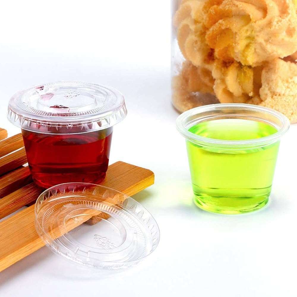 TashiBox 200 Sets - 1 Ounce Jello Shot Cups with Lids, Plastic Souffle Portion Cups with Lids, Clear - Image 1