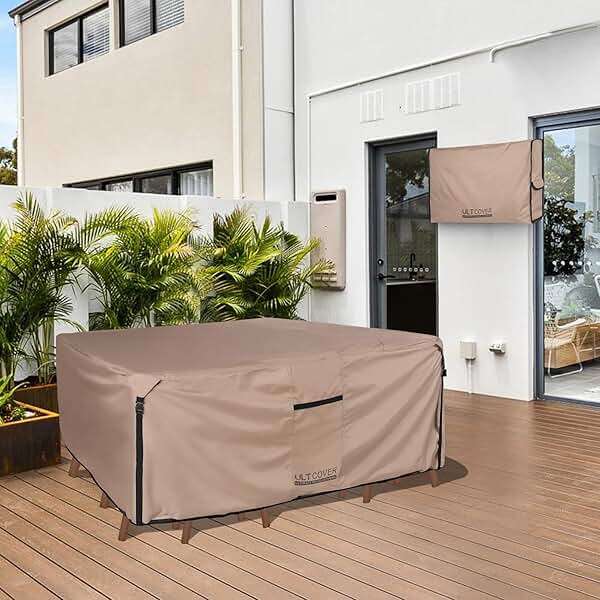 ULTCOVER Rectangular Patio Heavy Duty Table Cover - 600D Tough Canvas Waterproof Outdoor Dining Table and Chairs General Purpose Furniture Cover Size 111L x 74W x 28H inch - Image 2