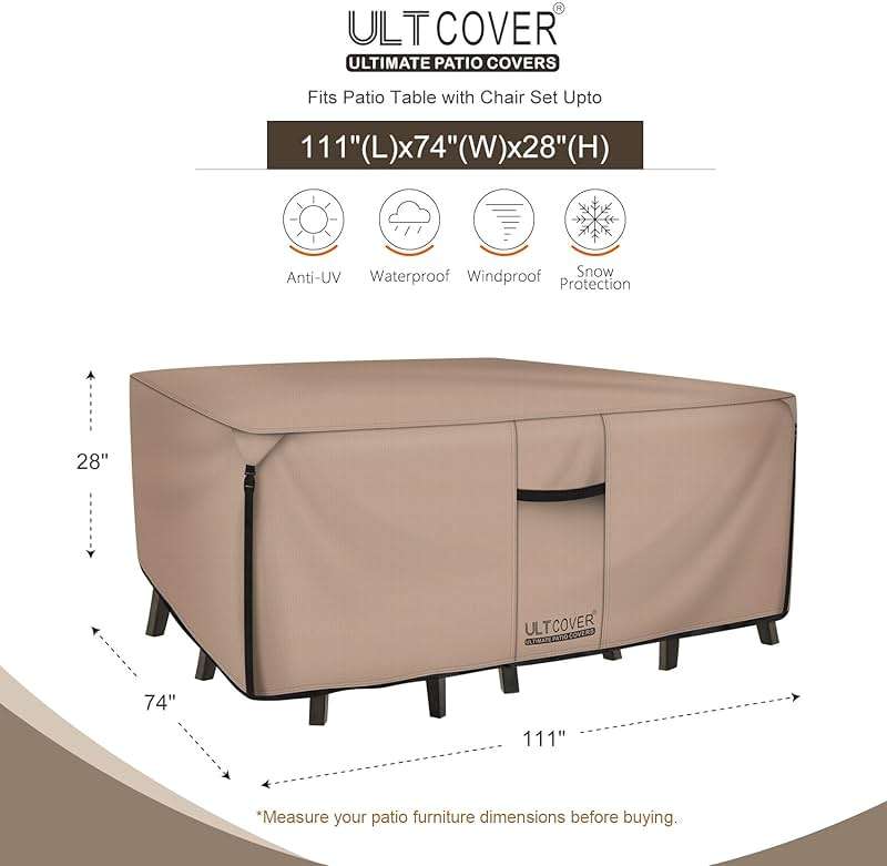 ULTCOVER Rectangular Patio Heavy Duty Table Cover - 600D Tough Canvas Waterproof Outdoor Dining Table and Chairs General Purpose Furniture Cover Size 111L x 74W x 28H inch - Image 3