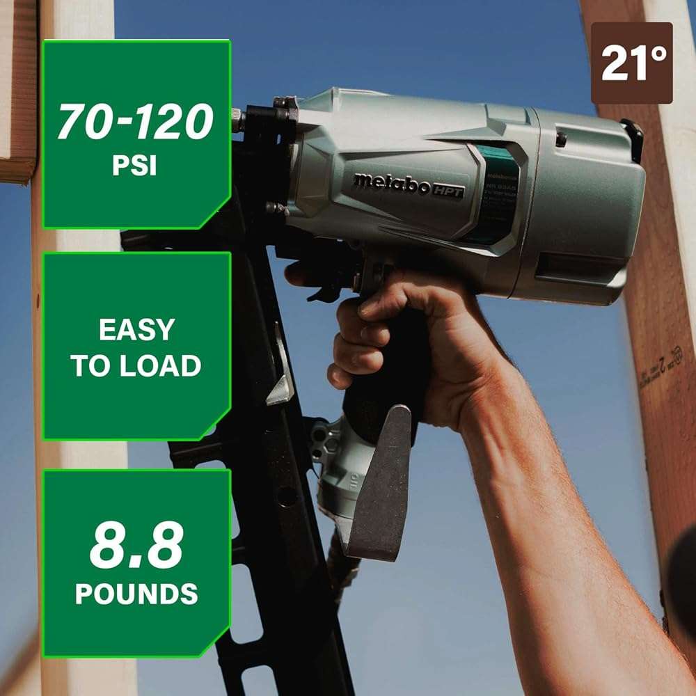 Metabo HPT Framing Nailer, Pro-Preferred Pneumatic Power Nailer & Framing Tool for Flooring, Roof Decking, Selectable Trigger & Rafter Hook, 21° 2" to 3-1/4" Plastic Collated Nails, NR83A5 - Image 2