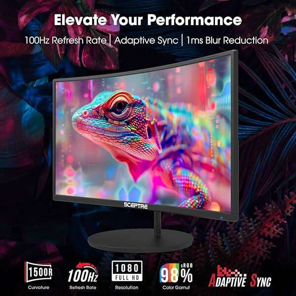 Sceptre Curved 27-inch Prime Monitor up to 100Hz 1080p, HDMI x2, VGA, 99% sRGB, Built-in Speakers, R1500, Machine Black 2025 (C275W-1920RN Series) - Image 3