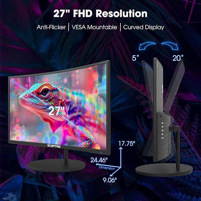 Sceptre Curved 27-inch Prime Monitor up to 100Hz 1080p, HDMI x2, VGA, 99% sRGB, Built-in Speakers, R1500, Machine Black 2025 (C275W-1920RN Series) - Image 5
