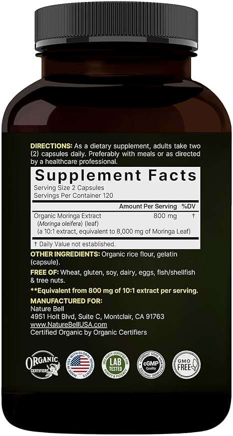 NatureBell Moringa 800mg Per Serving - 240 Capsules - Organic Moringa for Daily Immune, Energy & Skin Health Support* - Green Superfood - 3rd Party Tested, Non-GMO & Gluten-Free - Image 7