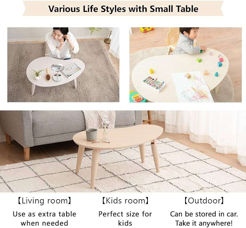 EMOOR Wood Folding Coffee Table Pear-Shaped (31.5"x20.5") Natural, Floor Sitting Low Table Small Space Minimalist Japanese Tatami Room - Image 5