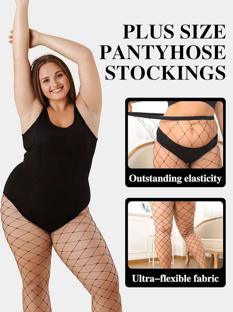 Aneco 4 Pairs Plus Size Fishnets Tights Sexy Black Fishnet Pantyhose Stockings Cross Mesh Tights Thigh High Stockings - Image 3