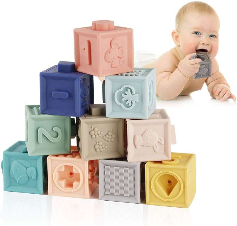 Mini Tudou Baby Blocks Soft Building Blocks Baby Toys Teethers Toy Educational Squeeze Play with Numbers Animals Shapes Textures 6 Months and Up 12PCS - Image 1