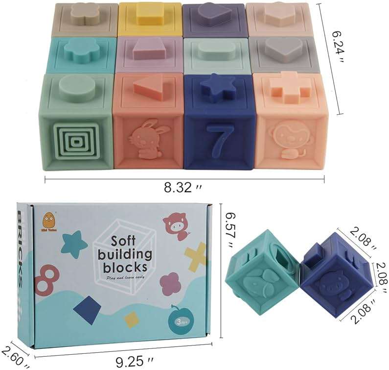 Mini Tudou Baby Blocks Soft Building Blocks Baby Toys Teethers Toy Educational Squeeze Play with Numbers Animals Shapes Textures 6 Months and Up 12PCS - Image 2