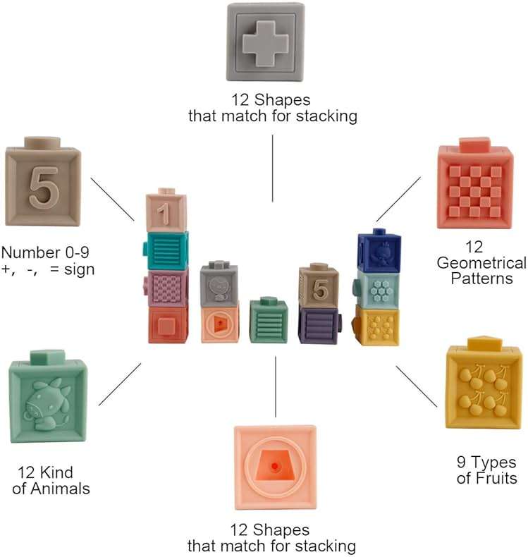 Mini Tudou Baby Blocks Soft Building Blocks Baby Toys Teethers Toy Educational Squeeze Play with Numbers Animals Shapes Textures 6 Months and Up 12PCS - Image 6