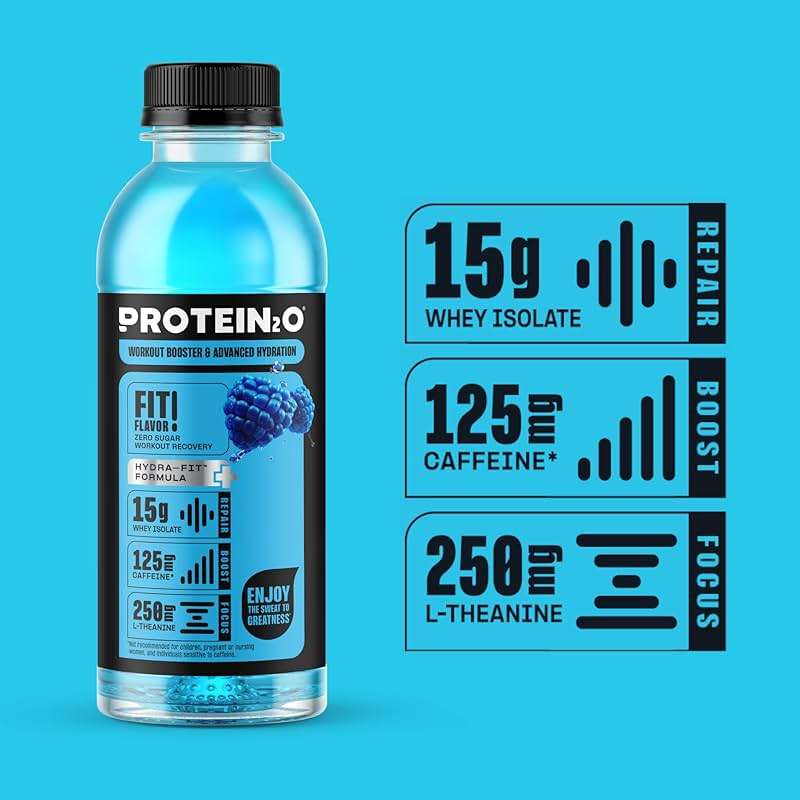 Protein2o 15g Whey Protein Isolate Hydration Drink Plus Energy & Focus, 350mg of Electrolytes, 125mg of Caffeine, Sugar Free, Blue Raspberry, 16.9 oz Bottle (Pack of 12) - Image 5