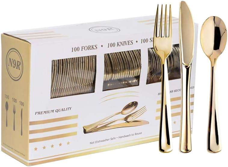 N9R 300PCS Gold Plastic Silverware, Heavy Duty Gold Plastic Cutlery Set Disposable Flatware Dinnerware, 100 Forks, 100 Spoons, 100 Knives, Perfect for Party, Wedding and Daily Use - Image 1
