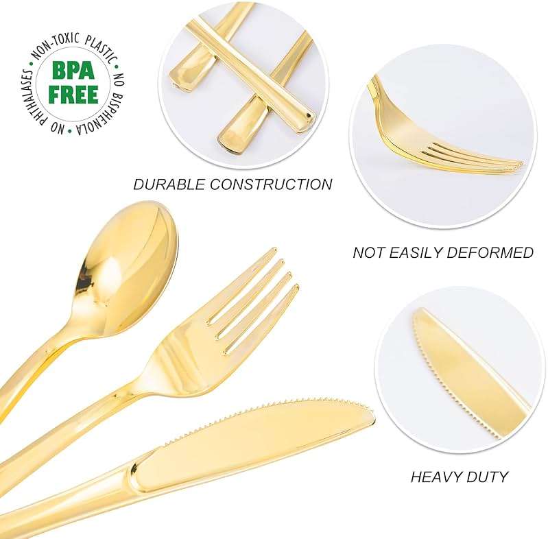 N9R 300PCS Gold Plastic Silverware, Heavy Duty Gold Plastic Cutlery Set Disposable Flatware Dinnerware, 100 Forks, 100 Spoons, 100 Knives, Perfect for Party, Wedding and Daily Use - Image 5
