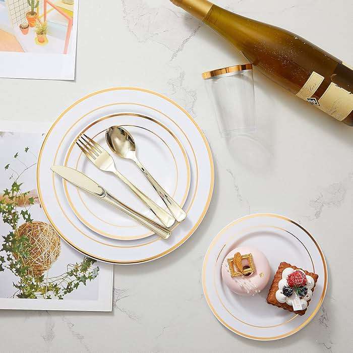 N9R 300PCS Gold Plastic Silverware, Heavy Duty Gold Plastic Cutlery Set Disposable Flatware Dinnerware, 100 Forks, 100 Spoons, 100 Knives, Perfect for Party, Wedding and Daily Use - Image 8